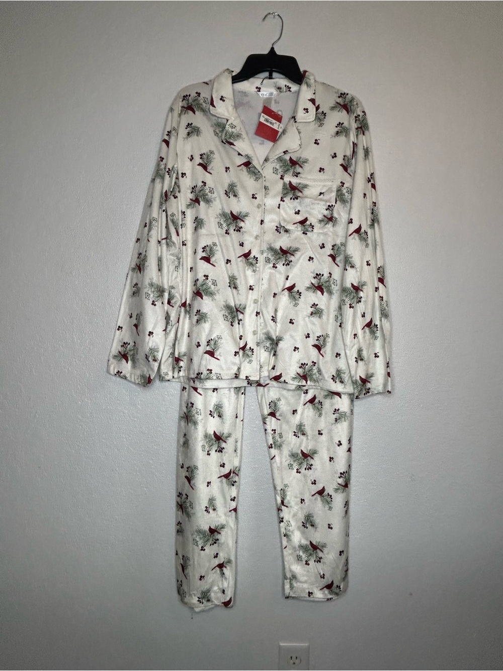 Adonna Women Cream Cotton Flannel Pajama Set Red Bird Print Long Sleeve Sz XXL